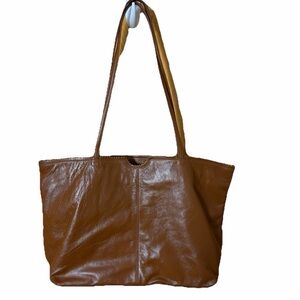 LATICO Brown Leather North South Barbara Lightweight Scalloped Trim Tote Bag